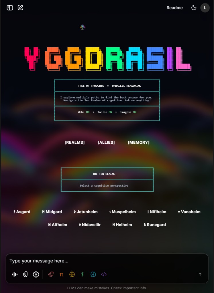 Yggdrasil Agent web UI home screen with Ten Realms picker and Web, Tools, and Images toggles