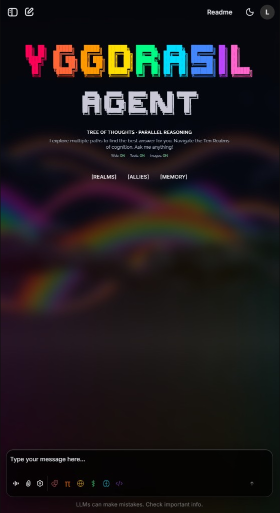 Yggdrasil Agent web UI home with Tree of Thoughts tagline and Web, Tools, and Images toggles